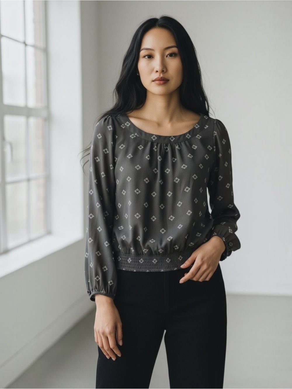 LOFT Geometric Diamond Print Smocked Hem Charcoal Gray Long Sleeve Blouse Size S